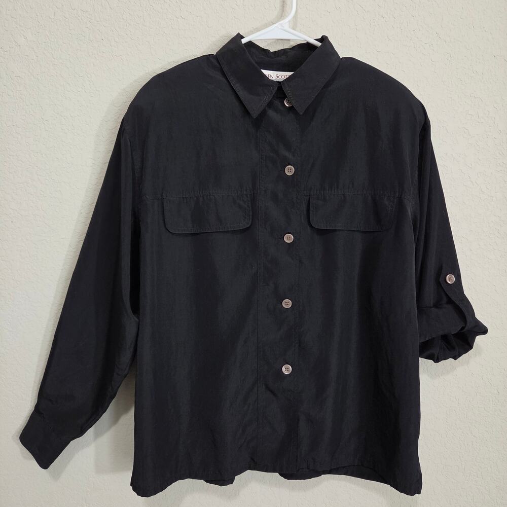 Vintage Blouse Karen Scott Size 12 Black Button Up Long Sleeve Roll Tab 90s